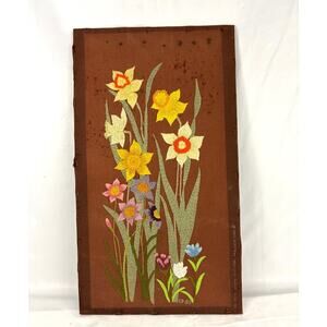 VTG Crewel Floral Daffodil Paragon Needlepoint 70s Unframed Wall Art 14"x24"